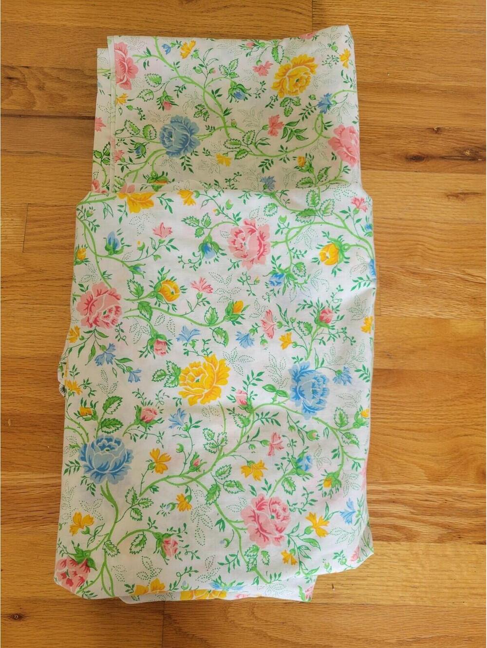 Vtg JCPenney Percale Fitted Flat Sheet Set Queen Floral Pink Yellow Blue Retro